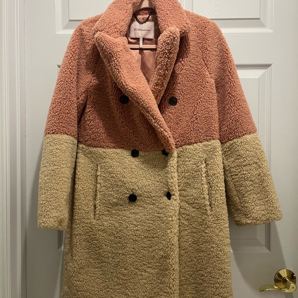BCBGeneration Pink and Tan Sherpa Coat